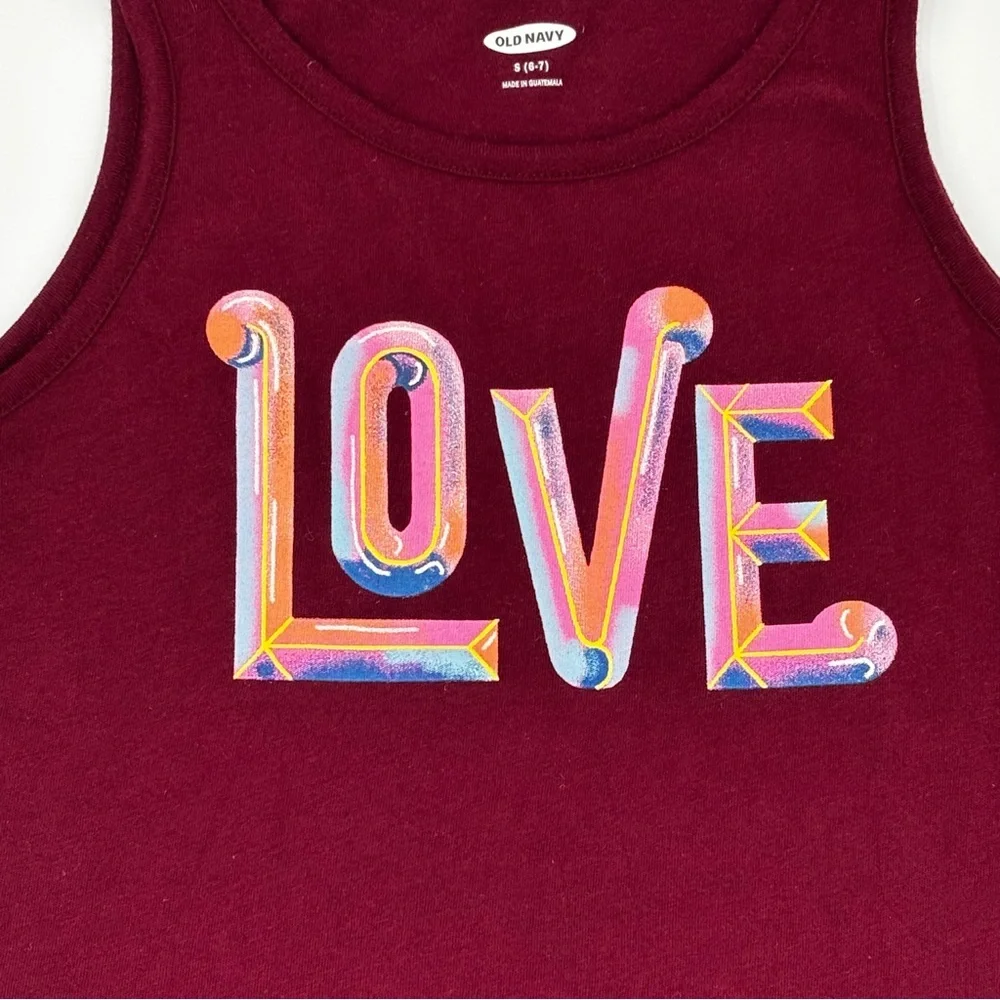 EUC Old Navy Burgundy Tank Top with Colorful Love Graphic